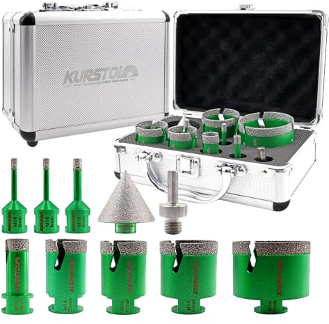 KURSTOL Punta per Trapano Diamantata Set - 8 Pezzi 6/6/8/20/35/40/50/68mm Punte Trapano, 50mm Punte Smusso, Adattatore per Porcellana Piastrelle Ceramica Marmo Granito