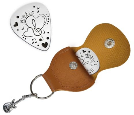 UNICRAFTALE 1pc Porte Clés Médiators de Guitare Cadeaux Médiators de Guitare Acier Inoxydable avec Étui en Cuir PU Notes de Musique Cœur Ensemble de Médiators de Guitare Cadeaux D'Anniversaire de Noël
