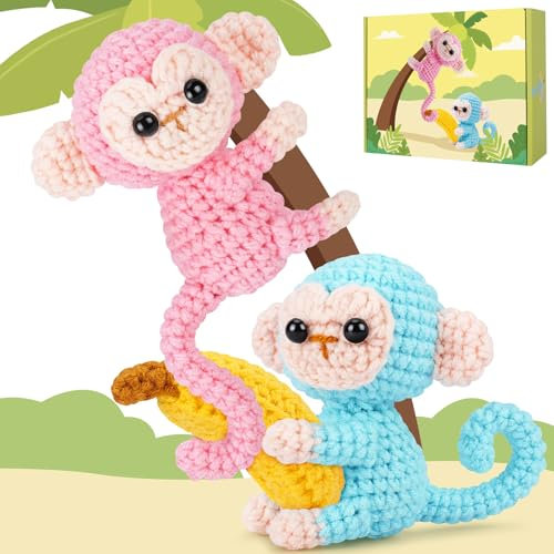 Häkelset für Anfänger – 2 Stück Affe mit Bananenhäkelsets mit Schritt-für-Schritt-Video-Tutorials, Anfänger-Häkelset für Erwachsene, Häkelset für Kinder (Blau und Rosa)