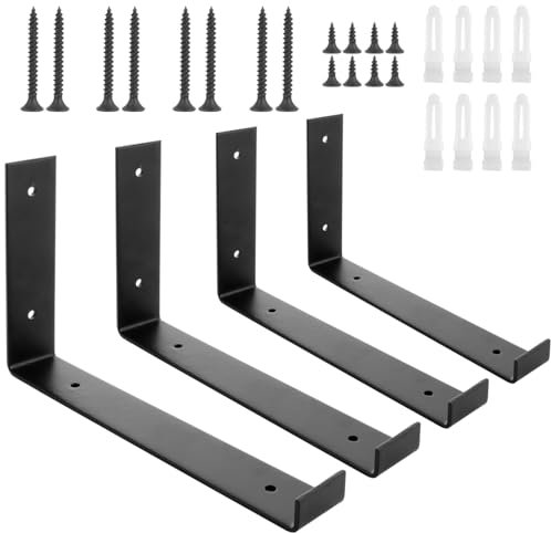LOLYSIC 4Pcs Shelf Brackets, 150mm / 6 Heavy Duty Scaffold Board Shelf Brackets with Lip, 4mm Thick Metal Wall Mounted Industrial Floating Shelve Bracket Support with Screws, Black