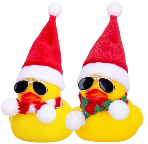 Mwmoeen Weihnachten Gummiente Autodekoration, 2 Stück Gelbe Quietscheente Duck Armaturenbrett Ornamente, mit Weihnachtshut Schal Sonnenbrille, Passend für Auto, Büro, Haus Dekoration