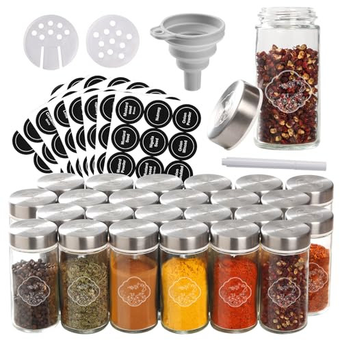 SXTIHD Tarros de cristal redondos para especias, 24 × 100 ml. Juego de recipientes para especias con nueva técnica de grabado láser, etiqueta.