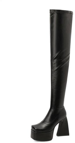 GYYZAYH Donne Stretch Coscia Stivali Tacchi Alti Chunky Platform Boots Square Toe Leather UP Winter Boots con Cerniera,Nero,42 EU