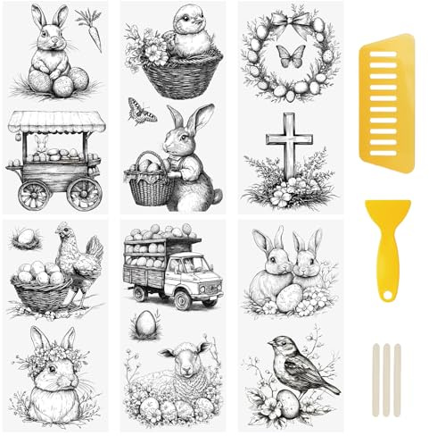 WANDIC 6 Bogen Rub On Sticker Ostern, Frohe Ostern Deko Ostereier Osterhasen Wasserdicht Aufkleber Schwarzweiß Handarbeiten Rub Ons Frühling Aufkleber für Glas Keramik Holz Möbel, 15x30cm
