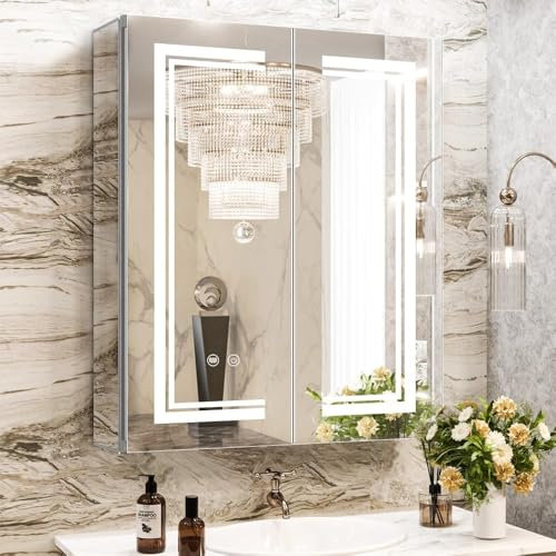 Janboe High-End Led Mirror Cabinet,Lighted Mirror Cabinet,3 Colors&Dimmable,Demister,Lighted Glass Shelf,USB Shaver Socket,Surface Mount or Recess Mount,61×76cm