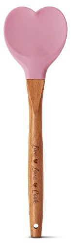 Gorgeous Heart shaped Bamboo Wooden Spoon with an engraved handle and heart shaped base hole for hanging The secret ingredient is Love The perfect addition to a kitchen (Pink Silicone)