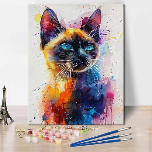 TISHIRON Peinture par numéros DIY pour adultes débutants, chats siamois portrait dans un style aquarelle coloré, amoureux des chats, cadeau sur toile aquarelle tableau de couleurs 40 x 50 cm