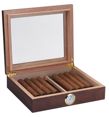 SanzIa Zigarren Humidor Zigarrenbox mit Befeuchter, Hygrometer und Trennwand Reisekoffer mit Glasaufsatz für 30-35 Zählungen Kapazität(Walnut)