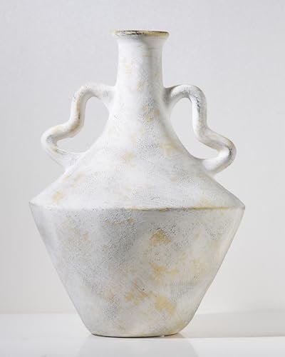 UPWOIGH 14x9.06 in(35.6x23 CM) Tall Vintage Handles Ceramic Vase, Antique White Pottery Jug with Beige Speckles and Distressed Black Accents, Rustic Farmhouse Table or Bedroom Decor, 1 Pack