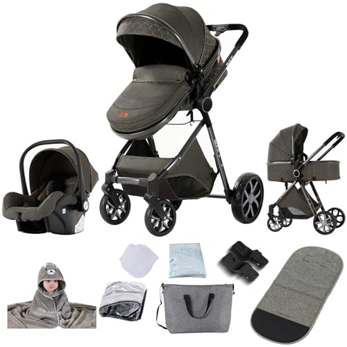 Reenborn Kinderwagen 3 in 1, Buggy mit Ein-Klick-Faltdesign Hohe Landschaft, Kinderwagen mit Zwei Umkehrbaren Schiebemodi, Kinderwagens 3 in 1 Komplettset mit Rahmen Aluminiumlegierung (V9 Dark Grey)