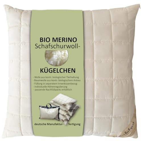Bio Merino Schafschurwolle Kopfkissen Kissen in 80x80 cm mit 1000 Gramm Schurwoll Kügelchen zur individuellen Höhenverstellung und unterstepptem Baumwollbezug - Made in Germany