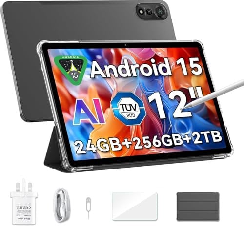 CHANDUELEC 12 inch Tablet Android 15 Gaming Tablet with SIM Card Slot, Pen, 24GB + 256GB (Up to 2TB), 2.4K 120Hz FHD+ IPS Display, 9000mAh/33W, 8MP + 16MP AI Camera, 5G WiFi, GPS- MEGA 2 (24G)