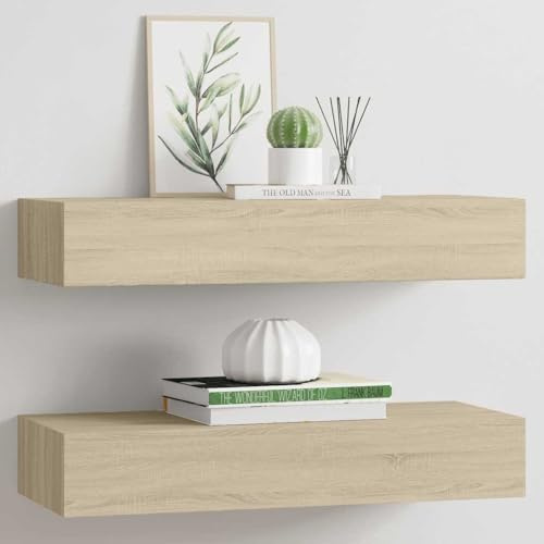 Massbinet Wandregale mit Schubladen Schweberegale 2 STK. Eichen-Optik 60x23,5x10 cm MDF