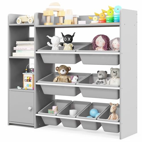 COSTWAY 4-stöckiges Kinderregal, Spielzeugregal mit 8 Aufbewahrungsboxen, 2 offenen Regalen & Schrank, Spielzeug-Organizer Bücherregal für Spielzimmer, Kinderzimmer, 120 kg belastbar (Grau)