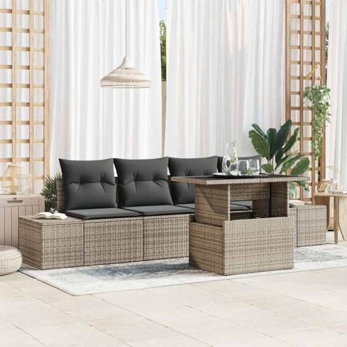 Hoopleep Garten Sofa Set, 5-teilig, Grau Poly-Rattan, Modular, UV-beständig, mit verstellbarem Tisch, für Terrasse, Balkon und Außenbereich, langlebige Korbmöbel Sitzgruppe