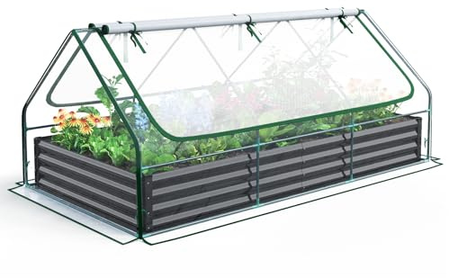 Quictent Orto RiAlzato in Metallo Galvanizzato con Copertura di Mini Serra, Fioriera 3 in 1 Grande per Giardini, Patios e Terrazze, 240x120x30cm