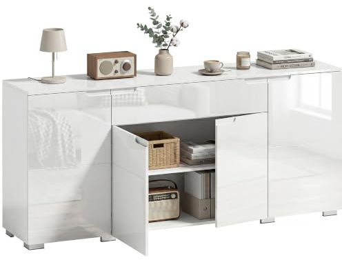HOMCOM Kommode mit 1 Schublade 4 Soft-Close-Türen 180x40x80 cm Weiß | Sideboard, Verstellbarem Einlegeboden, Hochglanz TV-Ständer Aufbewahrungsschrank, Wohnzimmer, Schlafzimmer