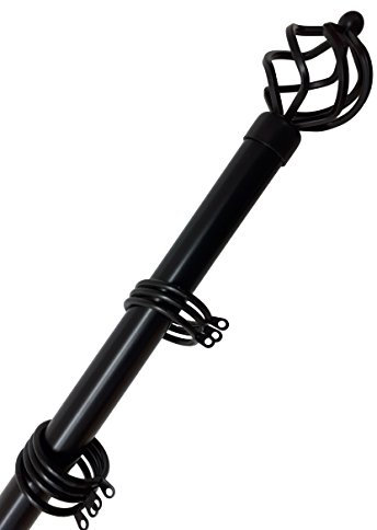 Home Harmony® Bird Cage Finial Telescopic Extendable Curtain Pole set In Black Silver White and Matching Holdbacks Available (Black, 180-340 cm)