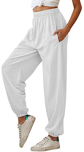 Nuofengkudu Damen Sporthose Laufhosen Jogginghose Gummibund Sweathose mit Taschen Trainingshose Stoffhose High Waist Hosen Bequeme Lockere Lässige Freizeithose Loungewear Outdoor(Dünn-Weiß,L)