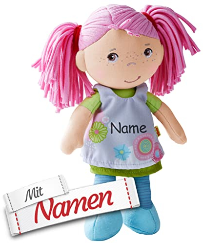 HABA Stoffpuppe Beatrice mit Namen Bestickt, Erste Baby Puppe zum kuscheln, Pinke Haare, Weiche Mädchen Kuschelpuppe, Kinder Geschenk-Idee Babypuppe als Taufgeschenk