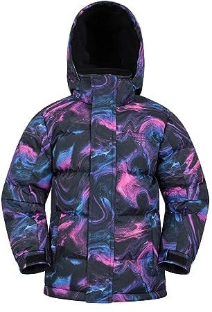 Mountain Warehouse Gefütterte, wasserabweisende, bedruckte Schneejacke für Kinder - Ripstop, Fleece-gefütterte Winterjacke mit Kapuze - fürs Spazieren, Reisen & Wandern Ölschlick (01) 164