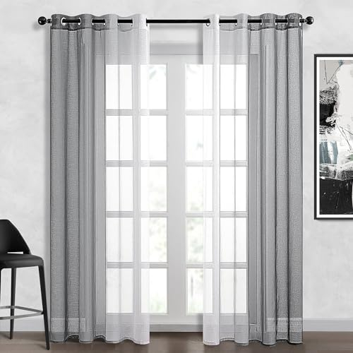 Topfinel Gardine mit Farbverlauf Grau Vorhänge Kurze Gardinen Transparent Moderne und Elegante Ösenschal 2er Set Gardine 160 cm Hoch Fenstergardinen 140 cm Breit Vorhang Outdoor Curtains Window