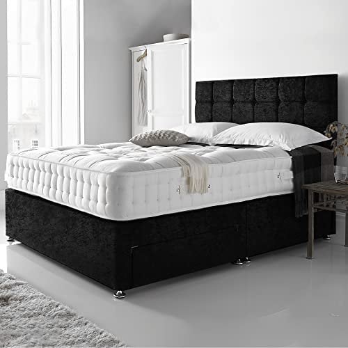 DBZ BEDS Reinforced King Size Bed Set 5 FT with 2000 Series Mattress - Black Crushed Velvet Divan Beds Set with Various Storage Options – 26 Inch Headboard with Chrome Glider Feet (KingSize)