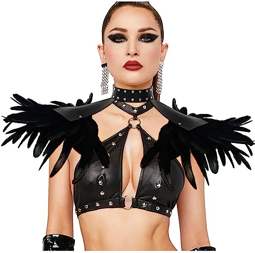 keland Gothic Feder Schulterklappen Bolero Epaulettes Punk Leder Federumhang mit Choker Flügel Schulter für Halloween (C-Schwarz-001)