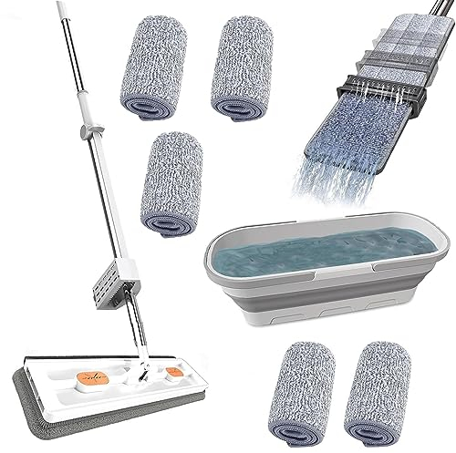 Selbstreinigender Flachmopp für Faule, Großer Flachmop, 2023 Neu bodenwischer Wischmopp mit Auswringfunktion, Bodenwischer Große Flächen mit 137cm Langem Edelstahl Griff, Flacher Wischmopp 360°
