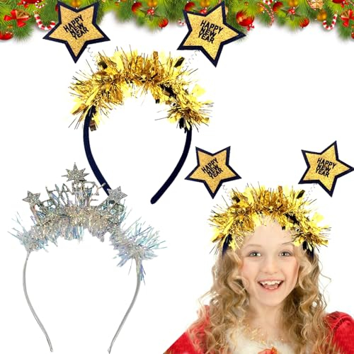 Silvester Haarreif, 2/12 Stück Happy New Year Haarschmuck, Weihnachtshaarreifen für Erwachsene, Deko Party 2025