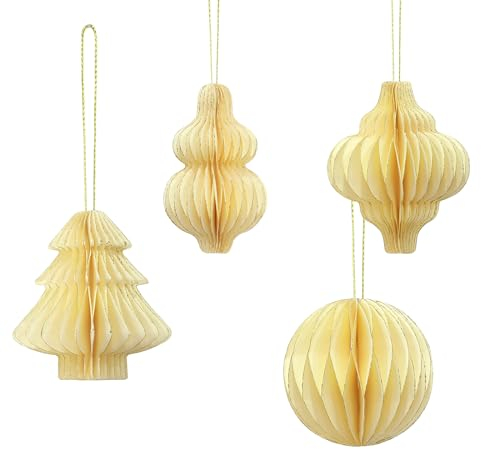 MoDiBa Weihnachtsdeko | 8 Anhänger-Set: je 2X Ornament, Baum, Glocke, Kugel | 6-7 cm | Glitzerrand | Christbaum | Recyceltes Papier FSC Zertifiziert (Elfenbein)