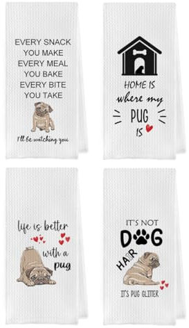 Geqtt Lustige Mops-Geschirrtücher – Mops-Waffelgewebe Küchentücher, Mops-Geschenk, Geschirrtuch, Mops-Geschenk, Handtuch, Mops-Geschenke für Mops-Liebhaber (40,6 x 61 cm, 4 Stück)