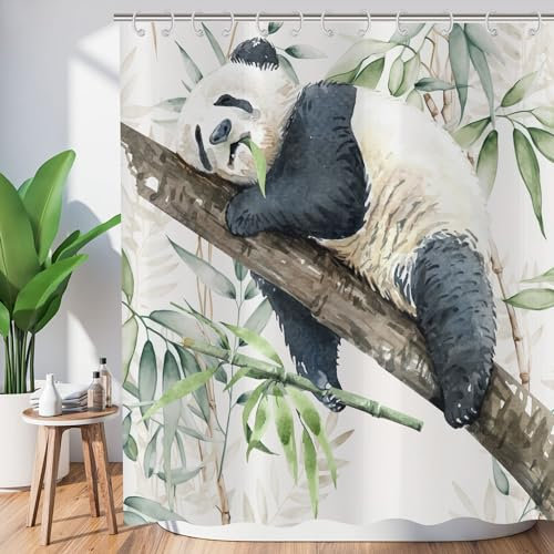 ASDCXZ Funny Shower Curtain 180x180 cm, Watercolor Funny Lazy Panda Food Green Bamboo Leaves White Bath Washable Shower Curtains Polyester Textile Waterproof Bath Curtain for Bathtub with 12 Hooks