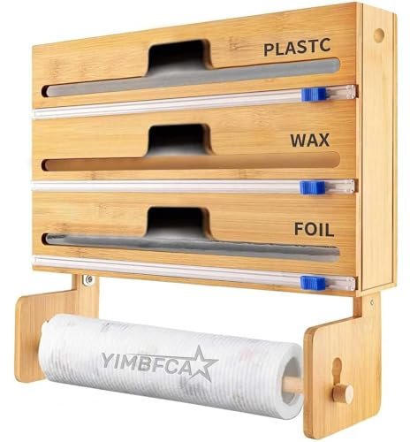 YIMBFCA Folienschneider 4 in 1 Frischhaltefolienspender mit Schneider und Küchenrollenhalter,Folienspender Aus Bambus,Kunststofffolie Spenderschneider,kompatibel mit 30 cm Rollen