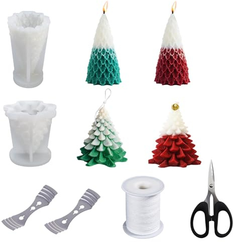 CONNECTION 2 Stück Weihnachtsbaum Silikonform Tannenbaum Silikonform Weihnachten Kerzenformen zum Gießen Kerzengießform mit Kerzendochte Metalldochthaltern Schere für DIY Kerzenherstellung Ornamente