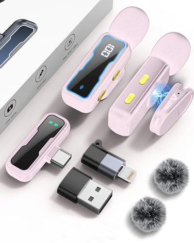Wireless Lavalier Microphone for iPhone - iPad, Android Phone, Computer, Mini Lapel Mic, USB-C Microphone with Noise Reduction and Crystal Sound for Video Recording, Vlogging, TikTok, Singing - Pink