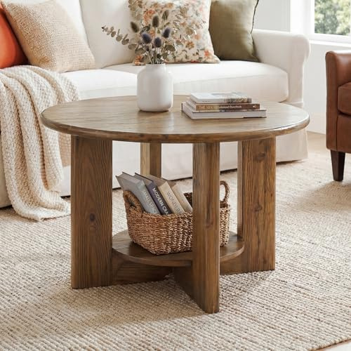 TRIBEWOOD Round Coffee Table, Wooden 2-Tier Circle Coffee Tables with Storage Shelves, Farmhouse Accent Center Table for Living Room, Sofa Table for Home Office, Easy Assembly, Rustic Brown