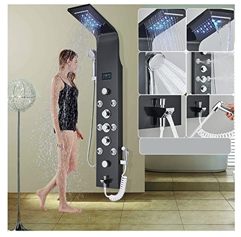 Svart LED-duschpanel Sex funktioner Vattenfall duschpanel Badrumskran Badrum SPA Massage Jet Badkar Mixer Massagespruta(8009 Black)