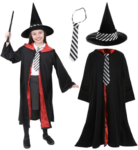 Girls School Witch Costume - Black Cape with Matching Hat and Black & White Striped Tie - World Book Day Fancy Dress Costume
