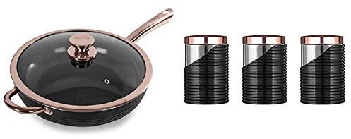 Tower Linear Saute Pan with Easy Clean Non-Stick, Aluminium, Black and Rose Gold, 28 cm & Linear Set of 3 Storage Canisters, Stainless Steel, Black and Rose Gold