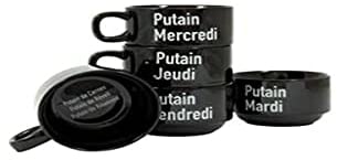 fisura. - Lot tasses à café originales p*tain de semaine. Tasses à café noires avec message pour chaque jour de la semaine. Lot de 5 mugs amusants en céramique.
