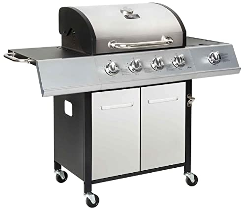 CHARLES BENTLEY 5 Burner Premium Gas BBQ In Silver With 4 Burners + 1 Side Burner, Warming Rack, Side Table, Built In Thermometer, and Layered Hood For Family BBQs, Parties, And More (136x106cm)