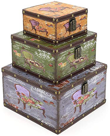 Jolitac Aufbewahrungsbox aus Holz, 3er-Set, dekorative Nistkästen, Holzkisten mit Riegel, rustikale Antik-Box-Set, Heimdekor-Boxen mit Deckel für Fotos, Schmuck, Bargeld (Stuhl)