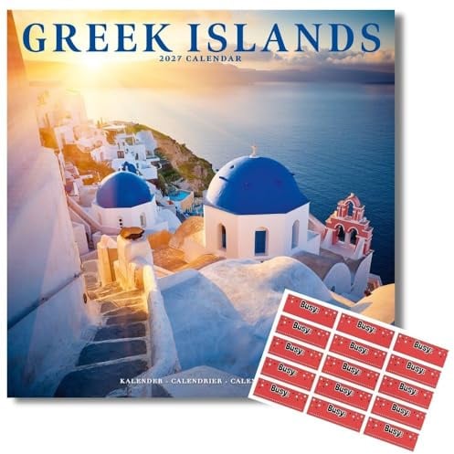 Griechische Inseln Kalender 2026 | Quadratischer Wandkalender | 16 Monate | Mit Organisationsaufklebern