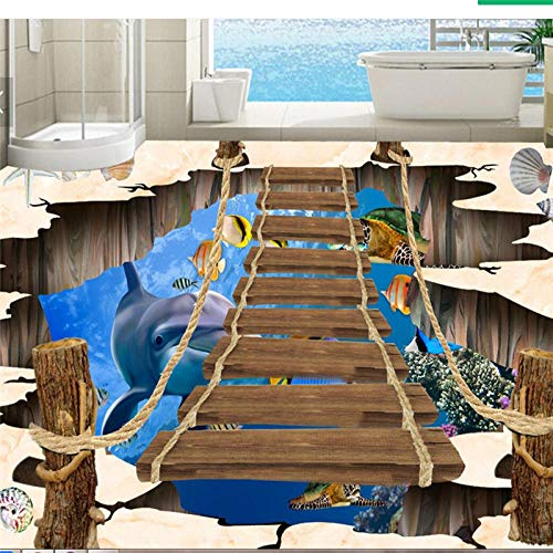 Benutzerdefinierte Bodenbelag 3D Unterwasserwelt Gegraben Bambus Delphin Im Freien 3D Wohnzimmer Tattoo Malerei Selbstklebende Bodenbelag,400(W)*280(H)Cm