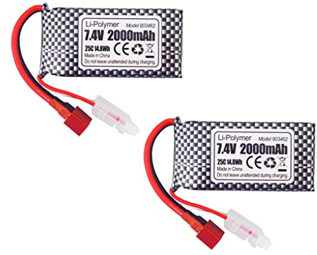 ZYGY 2PCS 7.4V 2000mAh T-Stecker Lithium Batterie für 9203E 9204E 9205E 9206E 2995 YC300 HM101 25-DJ02 9125 S920 S921 HB101 WLtoys RC Auto Fernbedienung Boot Drohne Quadcopter