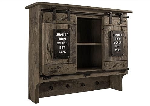 MASSIVMOEBEL24.DE | Railway- Massive Wandgarderobe | grau lackiert | aus Mangoholz | offen mit Schiebetüren + Eisenelementen | 90x30x75 | Wandboard Schweberegal Regal