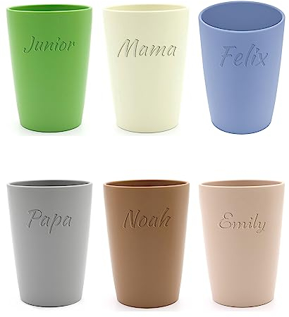 Magu 6 Personalisierte Becher aus Biopolymer (100% Erdölfrei) mit Namen | 6er Set Trinkbecher + Individuelle Namensgravur Zahnputzbecher Natur Design 6 Stück bunt gemischt