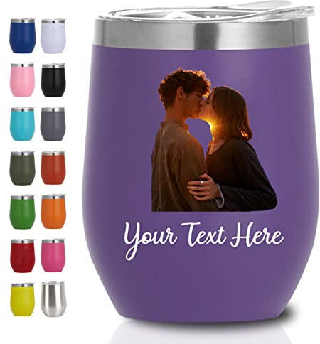 Qingxily Vaso de vino personalizado Foto personalizada Vaso de vino con tapa Copas de vino aisladas personalizadas con logotipo de nombre Regalos personalizados para el Día de la Madre Mamá Mujer