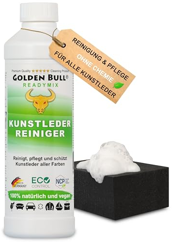 Golden Bull® Kunstleder Reiniger & Kunstleder Pflege 500ml + Schwamm [VEGAN - OHNE CHEMIE] Kunstlederreiniger für Auto, Sofa, Couch Reinigung - Natürliches Kunstleder-Pflegemittel mit Farbauffrischung